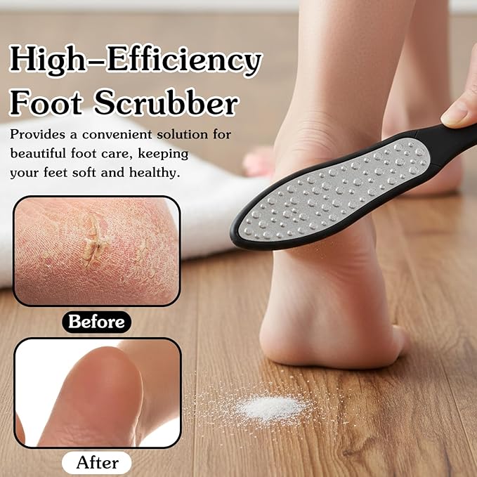 Foot Files Callus Remover Stainless Steel Foot Rasp and Dual Double-Sided Long Handle Foot Scrubber for Dead Skin Foot File Callus Remover, Black