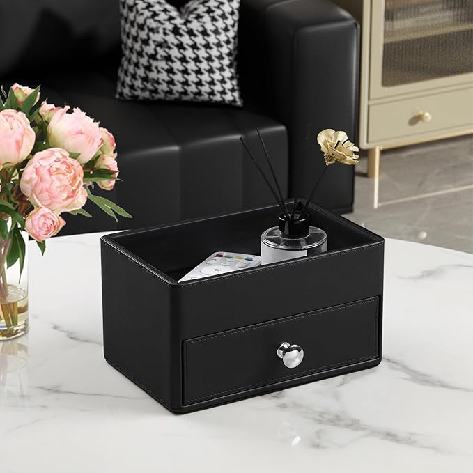PU Leather Makeup Organizer with Drawer, Waterproof Cosmetic Storage Box, Multifunctional Nightstand Vanity Organizer for Skincare, Perfume, Jewelry, Bathroom Countertop (Black)