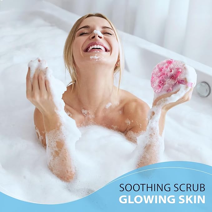 SHOWER BOUQUET Pink-Loofah-Bath-Sponge Lace-Mesh-Set // 2-Scrubs-in-1 // Large 60g Pouf (4 Pack Pink Colors) Body Luffa Loofa Loufa Puff - Exfoliate, Cleanse Skin with Luxurious Bathing Accessories