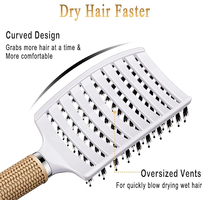 KTKUDY Detangling Hair Brush - Boar Bristle & Tangle-Free Design for Kids, Women, and Men - Perfect for Wet and Dry Hair - Smooth, Magical Pain-Free Styling (White)