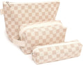 3 Pcs Canvas Makeup Bag Set Checkered Cosmetic Pouch for Women Travel Toiletry Bag Cute Makeup Organizer Purse Pouch Preppy Pencil Case with Zipper (Checkered Khaki)