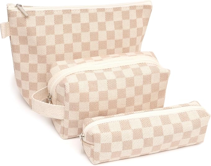 3 Pcs Canvas Makeup Bag Set Checkered Cosmetic Pouch for Women Travel Toiletry Bag Cute Makeup Organizer Purse Pouch Preppy Pencil Case with Zipper (Checkered Khaki)