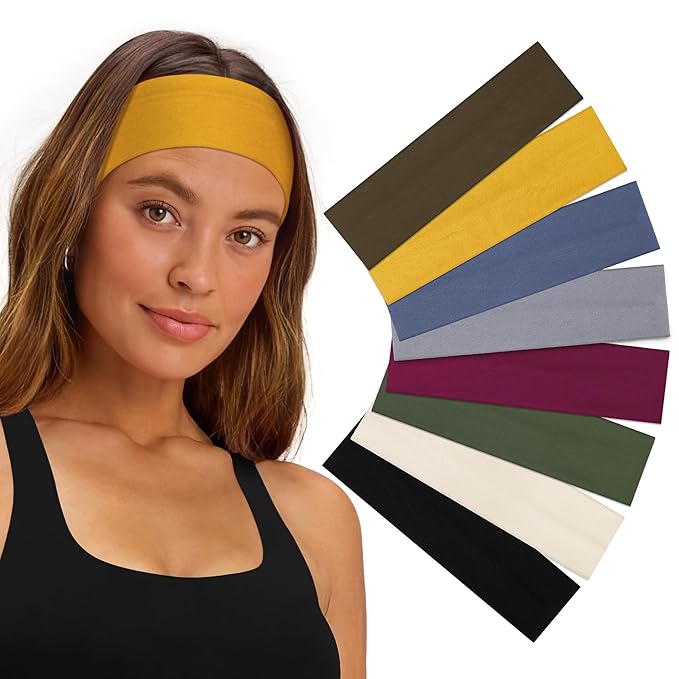 8 Pack Headbands for Women Non Slip - Stylish Sports Hair Bands for Women's Hair - Soft Cotton Cloth Stretchy Headbands for Women for Yoga, Outdoor Exercise Running
