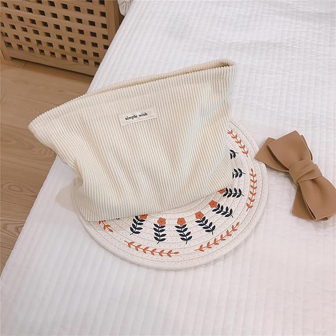 Wudygirl Travel Makeup Bag,Large Capacity Cosmetic Bag for Women,Corduroy Toiletry bag Handbags Purses Zipper pouch(Beige)