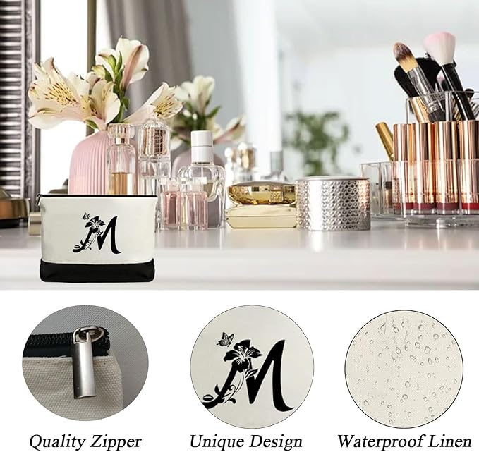 Personalized Gifts for Women - Initial Canvas Tote Beach Bag & Makeup Bag, Unique bags for Christmas, Birthday, Holiday, Wedding, Monogram Birthday Gifts for Women, Wife, Friends, sisters, Mom (M)