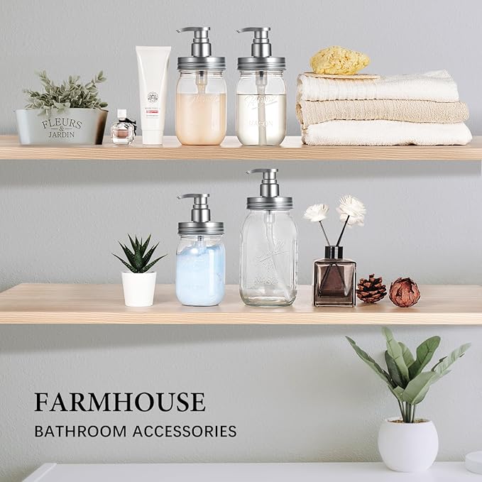 Amolliar Plastic Mason Jar Soap Dispenser with Pump Lid,16OZ Refillable Hand Soap Dispenser Set with Cute Lables - Farmhouse Decor for Kitchen/Bathroom, Liquid Soap, Dish Soap, Lotion (Silver)