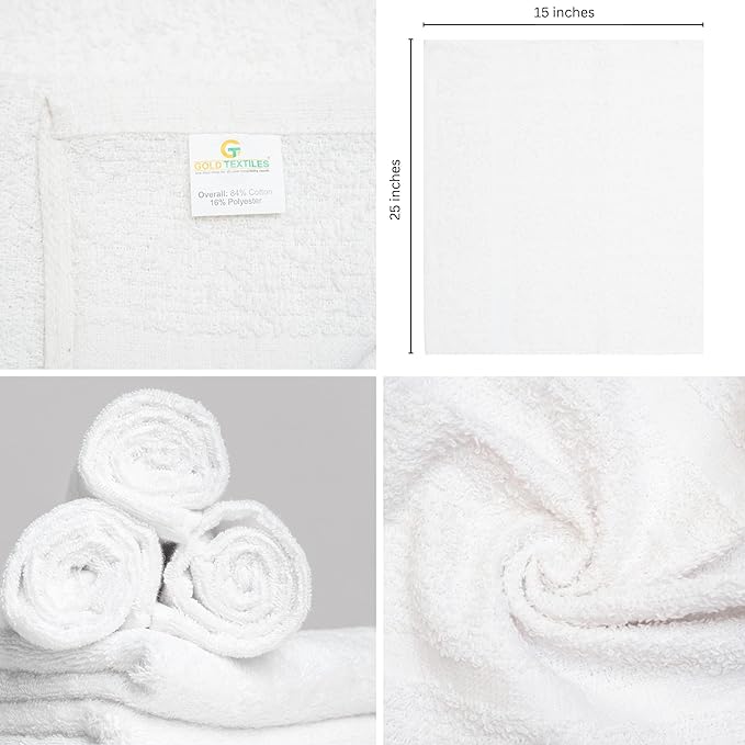 GOLD TEXTILES 12 Pack White Economy Cotton Blend 15x25 Inches Basic Hand Towels- Gym Towels (1 Dozen)