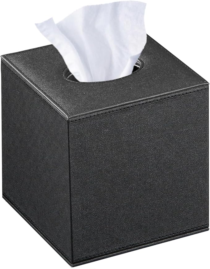 Leather Tissue Box Cover Square,Decorative Cube Tissue Box Holder with Magnetic Bottom,Facial Paper Organizer Table Napkin Case Dispenser for Bathroom NightStand Coffee Car Home Office,Black