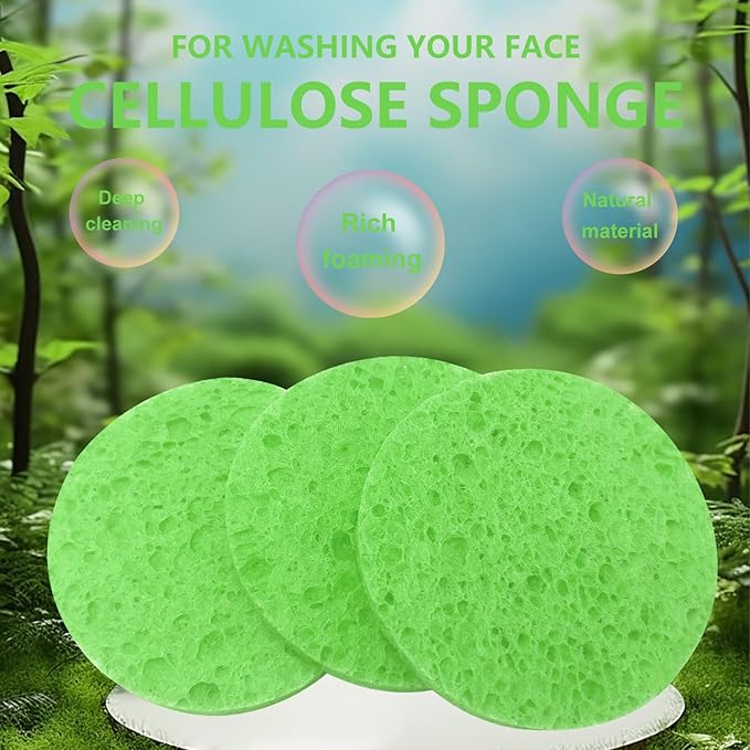 50-Count Large Compressed Facial Sponges for Estheticians, Daily Cleansing and Gentle Exfoliating- 100% Natural Cellulose Spa Sponge Perfect for Removing Dead Skin, Dirt and Makeup (Round 2.95",Green)