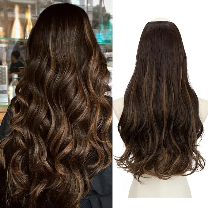 SARLA Clip in U Part Hair Extensions Synthetic Long Wavy Curly Thick Full Head Hairpiece for Women Dark Brown/Golden Blonde Highlights 24 Inch