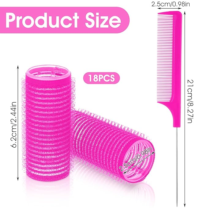 18pcs Plastic Hair Rollers Self Grip Hair Rollers with Rat Tail Comb Small Heatless Roller Hair Curlers for Pro Salon Hairdressing and DIY Hairstyles (0.98 X 2.44 Inch)