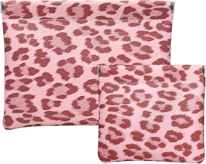 2 Leopard Leather Small Makeup Pouches Set for Women,Cosmetic Accessories,Waterproof and Portable Cosmetic Bags,Self-closing,No Zipper, Aesthetic Storage Pouch,Lipstick for Purse, Pink