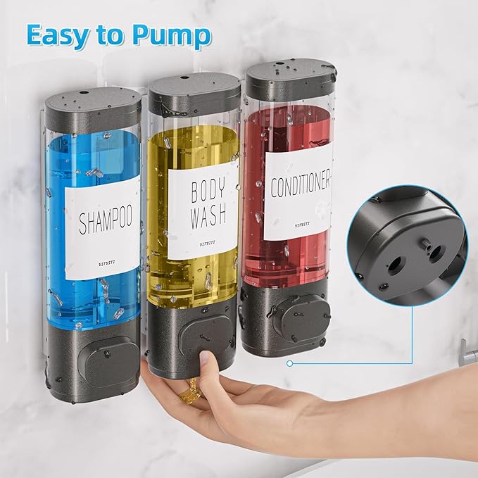 VITVITI Shampoo and Conditioner Dispenser for Shower Wall, Shower Soap Dispenser 3 Chamber No Drill Wall Mounted, 10.2 OZ Plastic Refillable Shower/Body Wash Bottles for Bathroom (Gun Gray)