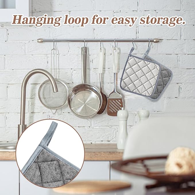 MAQIHAN Pot Holders for Kitchen - 4 PCS Cotton Pot Holder Set Hot Pads for Kitchen and Dining Essentials Decor and Accessories Gray 7 Inch Terry Cloth for Oven Cooking Baking Pans