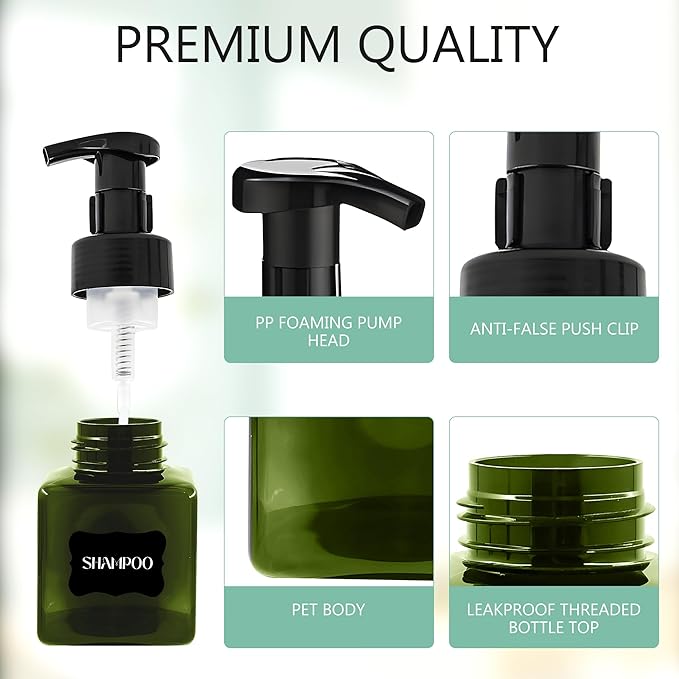 8.5 oz Foaming Soap Dispenser Plastic Foaming Pump Bottle, Refillable Dispenser with Plastic Pump, Empty Hand Bottles for Liquid Soap, Shampoo, Bathroom,Hotel,Restaurant (15, Green)