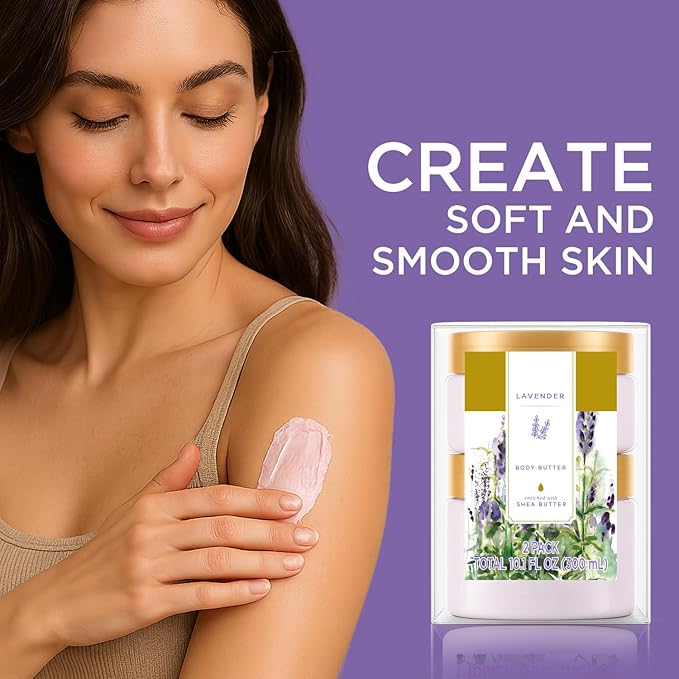 Princess Belle Lavender Body Butter, Body Moisturizer for Dry Skin, Body Butter for Women Smell Good, Lavender Gifts for Women-2 Pack (3.4floz + 6.8 floz)