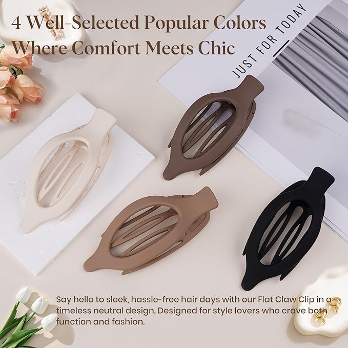 4 PCS Large Flat Hair Clips for Women Girls, French Concord Lay Down Flat Claw Clips for Thick Thin Hair, Comfortable Curved Hair Clip, Matte Non-slip Strong Hold Hair Accessories, Neutral