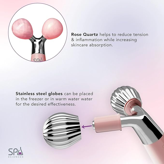 Spa Sciences ISLA Ice + Heat Contouring Roller (Face, Neck, and Décolletage) – Including Steel + Bonus Genuine Rose Quartz Globes