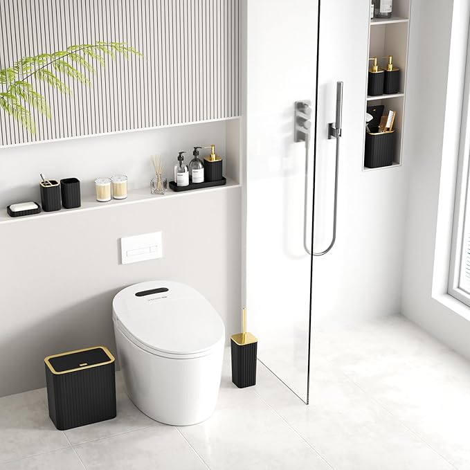 Bathroom Accessory Set - Bathroom Set, 12PC Bathroom Accessories Set, Black Bathroom Accessories Set, Mini Trash Can, Toilet Brush, Trash Can & Soap Dispenser