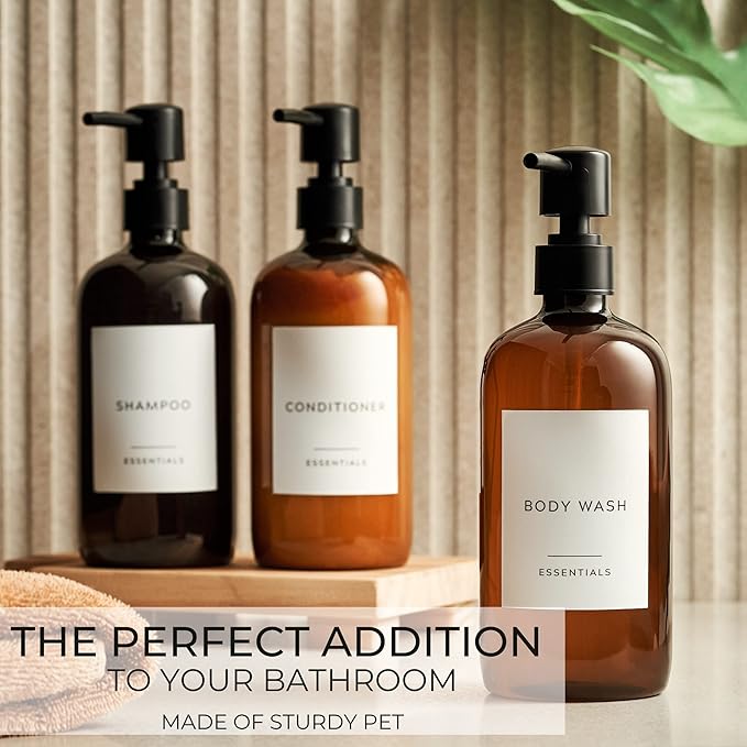Stylish Shampoo and Conditioner Dispenser Set of 3 - Modern 21oz Shower Soap PET Bottles with Pump and Labels - Easy to Refill Body Wash Dispensers for an Instant Bathroom Decor Upgrade