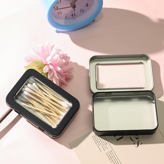 2 PCS Portable Cotton Swab & Floss Holder,Travel-Size Empty Metal Containers with Dustproof Lids for Cotton Swabs, Floss Picks, Hair Ties, and Small Items(Black)