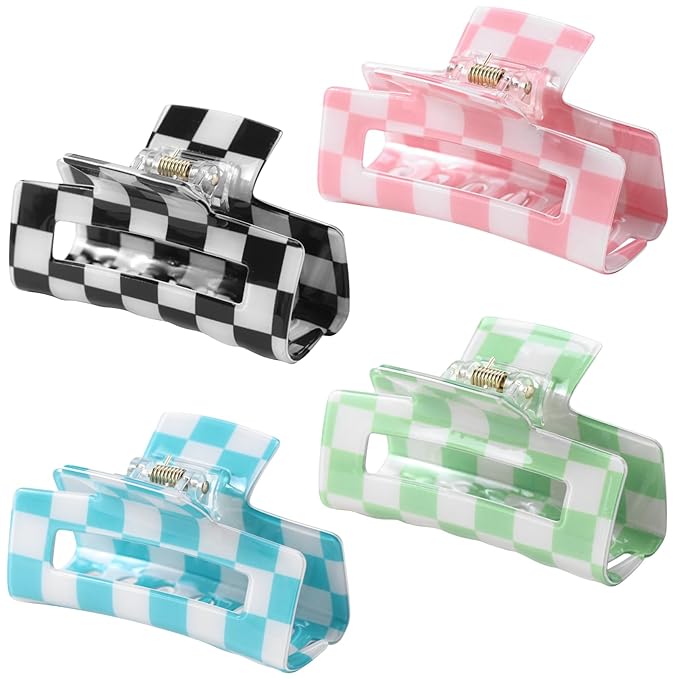 LuSeren 4 Pack 3 Inch colorful Hair Claw Clips for Women, Medium Rectangle Acetate Jaw Clips in Black, Pink,Green, Blue, Stylish Checkered Hair Accessories for Girls
