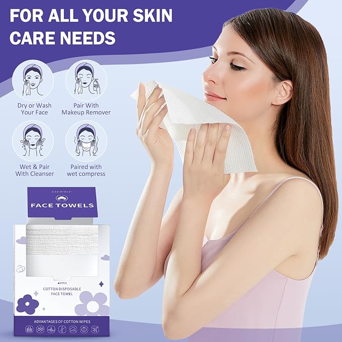 Face Towels, Disposable Face Towelette, Makeup Remover Dry Wipes 50 Count, Soft Cotton Dry Wipes Facial Cloths Towelettes for Washing and Drying, Facial Tissue for Cleansing, Skincare
