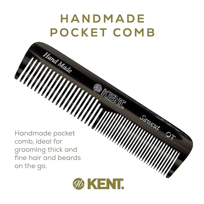 Kent OT Black Graphite Pocket Comb - Handmade Fine and Wide Tooth Hair Comb for Men, Women, and Kids - Travel, Beard, and Mustache Comb - Saw Cut and Hand Polished Made in England