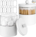 Gaussra White Apothecary Jars, White Qtip Holder - Stainless Steel Bathroom Jar with Stickers - Farmhouse Decor Qtip Dispenser for Qtips, Cotton Balls, Swabs, Makeup Sponges (2-Pack)