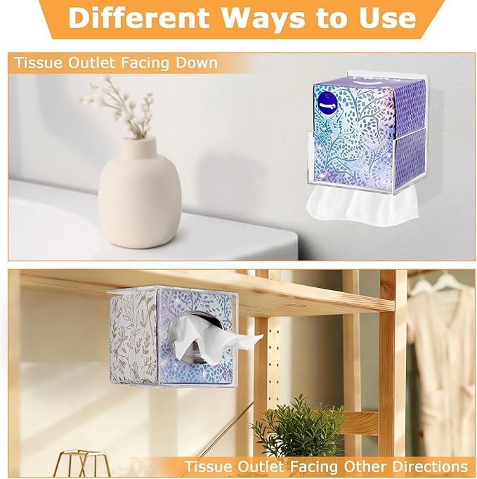 Acrylic Tissue Box Holder Wall Mounted, Clear Square Tissue Dispenser with Self Adhesive Hook and Screws, Classic Tissue Box Cover Tissues Organizer for Bathroom Toilet Kitchen Desk Cabinet RV