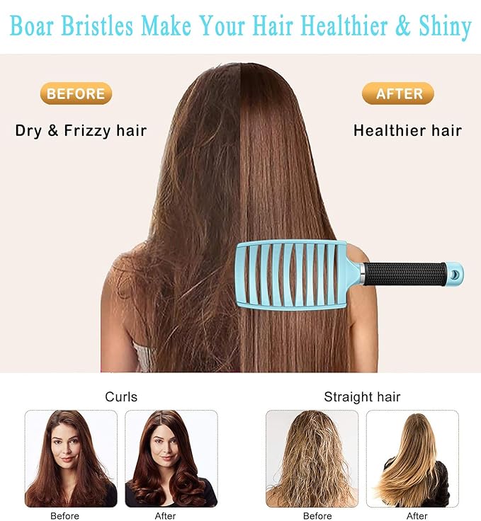 KTKUDY Detangling Brush Boar Bristles Hairbrush Make Hair Shiny & Healthier Curved and Vented Detangler Brush for Women Men Kids Wet and Dry Hair (light Blue)
