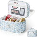 Makeup bag, Large Cosmetic Bag for Women Girls, Cute Quilted Makeup Bags, Floral Coquette Aesthetic Toiletry Bag, Travel Make Up Organizer Bag (Blue Flowers)