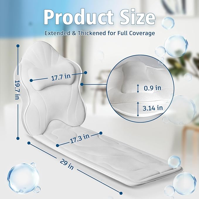 Luxury Thick Full Body Bath Pillows Mat & Cushion for Bathtub Headrest Neck Shoulder Support Comfort Relaxation Spa Accessories Perfect for a Spa Soak in Bathtub (White)