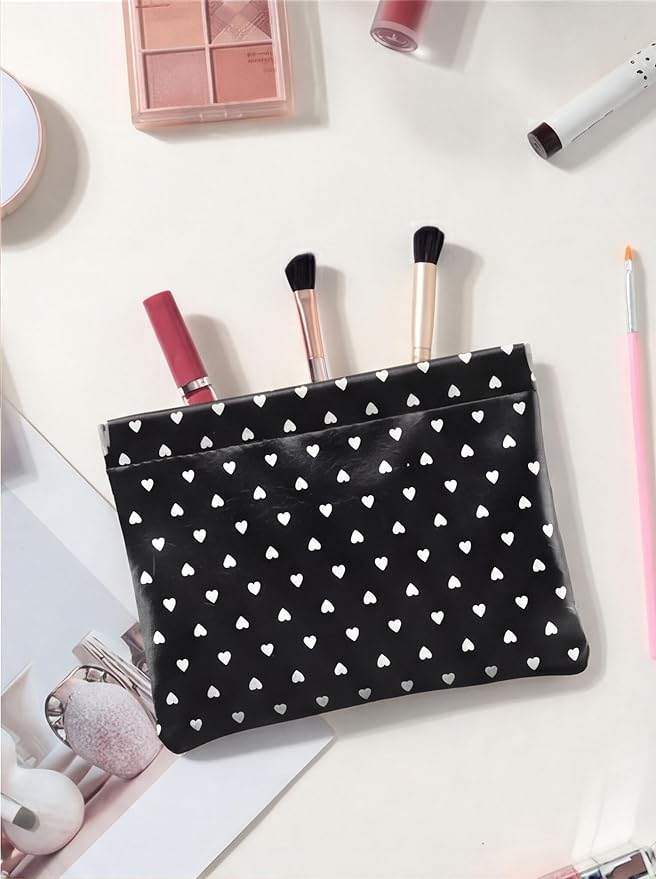 Dots Leather Makeup Pouch Set for Women Small Make Up Bag for Purse Waterproof Initial Makeup Cosmetic Bags Pouches for Purse Aesthetic Travel Toiletry Bag,Heart Black