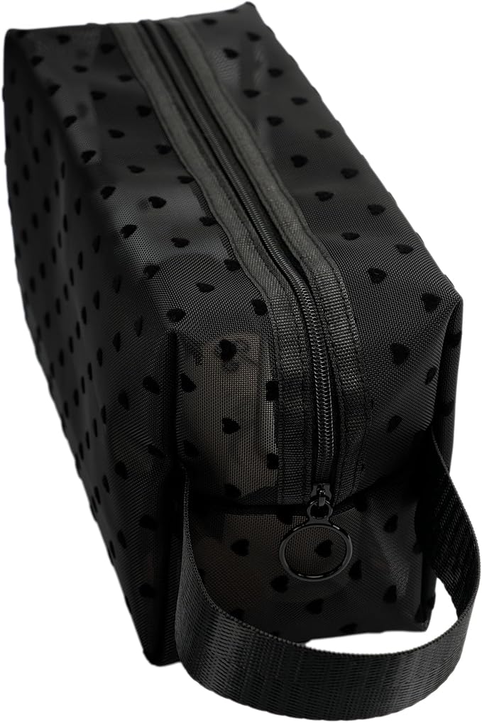 Portable Mesh Makeup Bag with Zipper Small Travel Toiletry Bag Lightweight Cosmetic Pouch (Black&Black Heart with Handle)