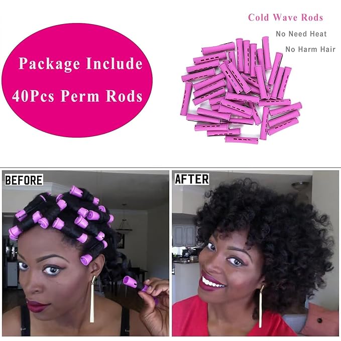 Perm Rods Set for Natural Hair, 40Pcs Plastic Cold Wave Rods, Heatless Perming Rods Hair Curler for Women, DIY Hairdressing Tools, Purple, 0.75 Inch