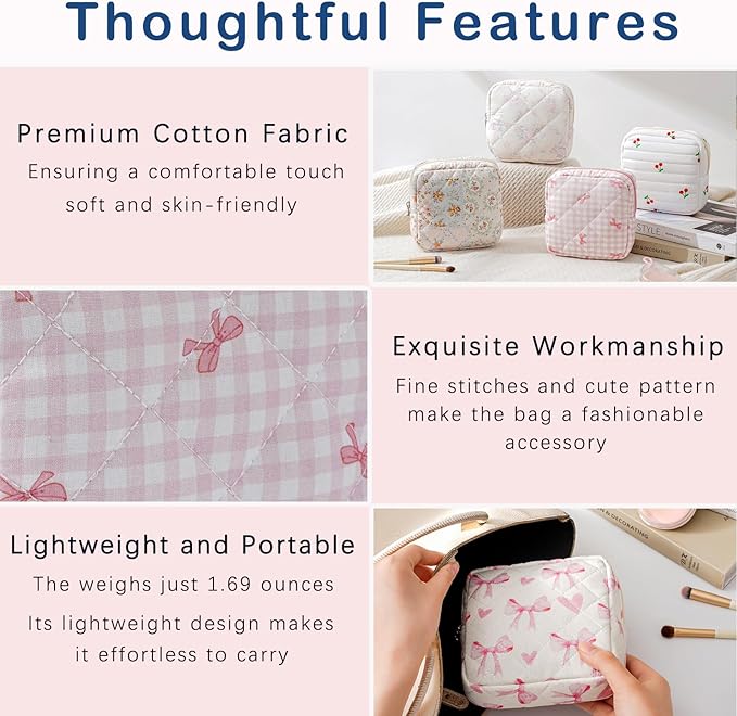 Small Quilted Cosmetic Pouch for Purse, Mini Cotton Makeup Bag with Compartments, Cute Zipper Lipstick Holder for Women (11Checkered Pink bow)
