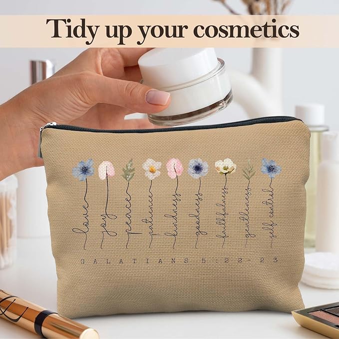 Christian Gifts Makeup Bag, Floral Christian Cosmetic Bags for Women, Galatians 5:22-23 Bible Verse Makeup Pouch, Faith Based Gifts Zipper Pouch(pale brown)