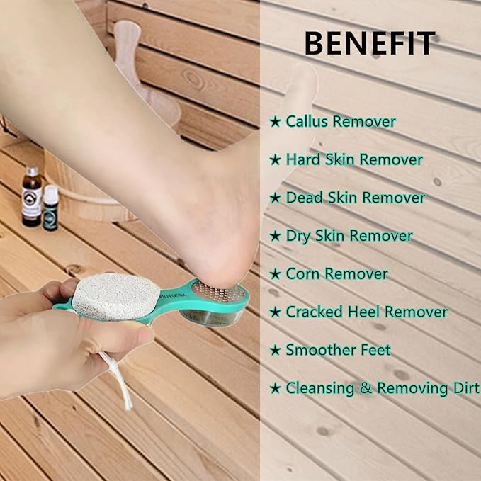 Foot File Callus Remover 5-in-1, 2 Pcs Feet Scraper Pedicure Tools with Pumice Stone, Scrubber Brush, Stainless Steel Foot Rasp and Sand Paper Debris Catcher, Multi Purpose, Cyan