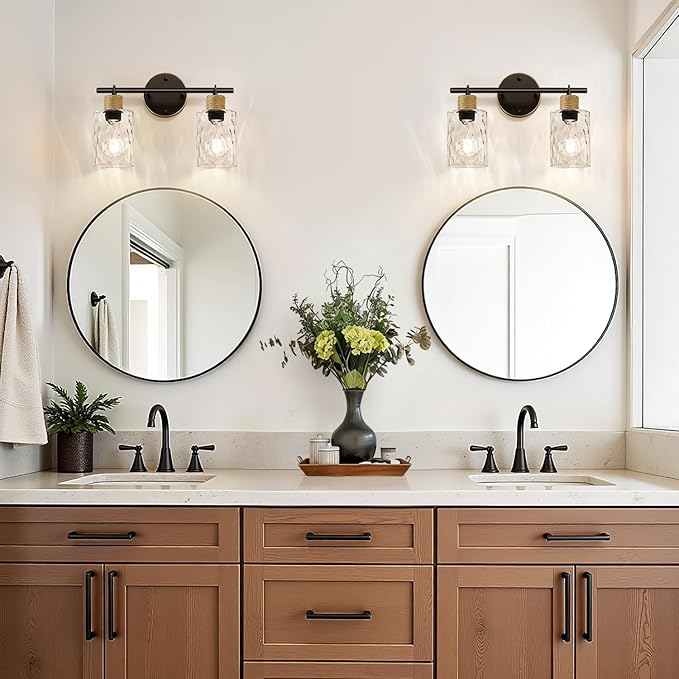 Bathroom Light Fixtures, 2-Light Coastal Vanity Lights with Crystal Glass Shade, Brown and Gold Bathroom Wall Lamp for Mirror Kitchen Hallway Cabinet