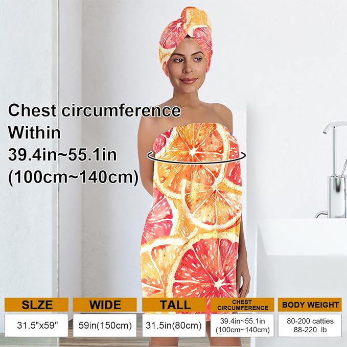 Citrus Print Bath Wrap and Hair Drying Towel Set – Microfiber Quick Dry Shower Body Wrap for Women, Absorbent Spa Skirt with Elastic Band and Orange Grapefruit Pattern (Citrus 2)