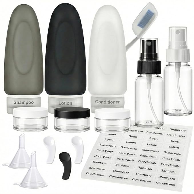 Dot&Dot Leak Proof Travel Bottles - TSA Approved 3oz 15 pc Silicone Toiletries Travel Shampoo & Conditioner Containers with Labels