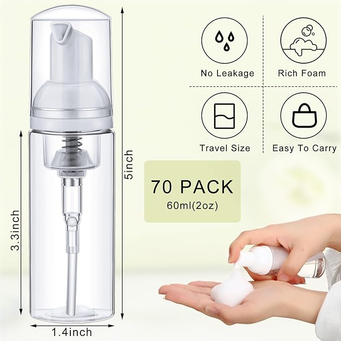 70 Pcs 2 oz Plastic Foam Soap Dispensers Refillable Lash Shampoo Bottles with Pump Mini Eyelash Cleaning Foam Bottle Dispenser for Refillable Travel Cosmetics (Transparent)