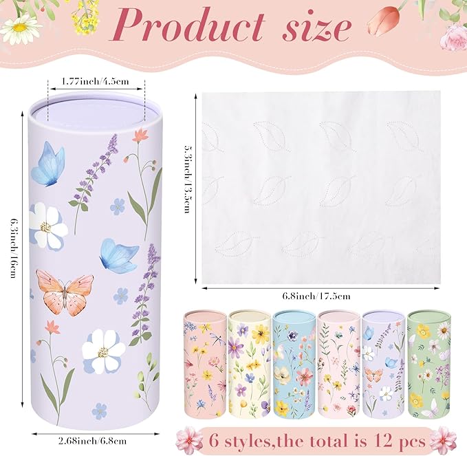 Outus 12 Pcs Floral Car Tissue Holder Cylinders with 3 Ply Facial Tissue Bulk, Portable Paper Dispenser for Cup Holder, Travel Bathroom Table Decor, Tissues Boxes Container for Home Office Party