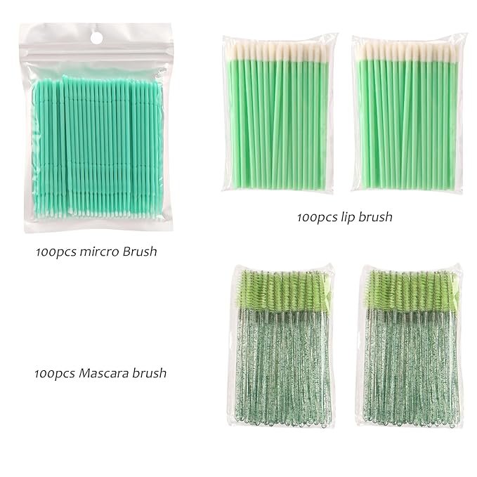 300 PCS Eyelash Extension Supplies Kit, Disposable Micro Swab Brush, Eyebrow Spoolie, Lip Brush, Mascara Wand Applicator (light green kits)