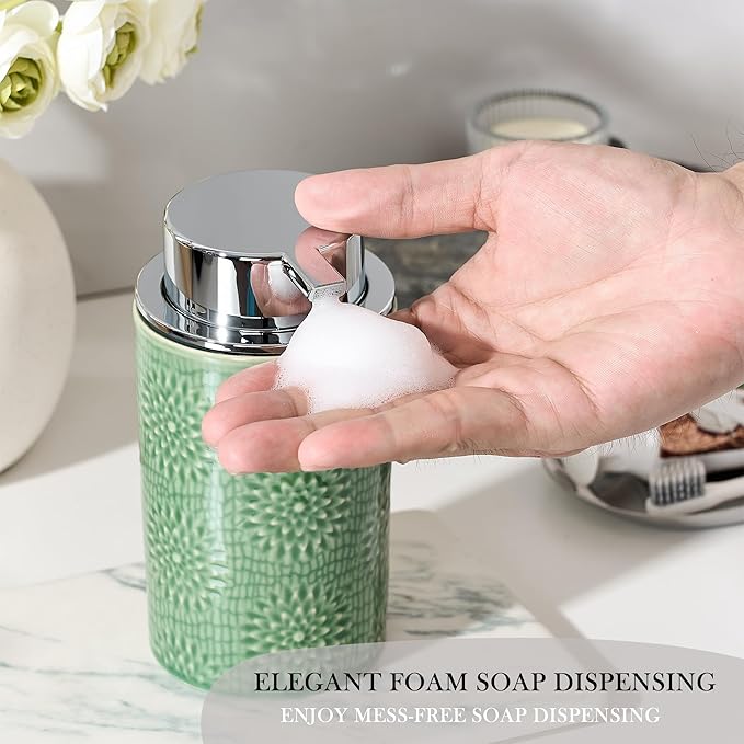 Green Foam Soap Dispenser,Foam Dispenser for Kitchen & Bathroom,Ceramic Soap Dispenser with Foam Soap Pump for Dish Soap&Hand Wash