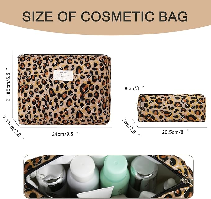 2PC Makeup Bag Set, Cute Cosmetic Bag for Women Girls, Floral Coquette Aesthetic Toiletry Bag, Travel Make Up Organizer Bag (Leopard Print)