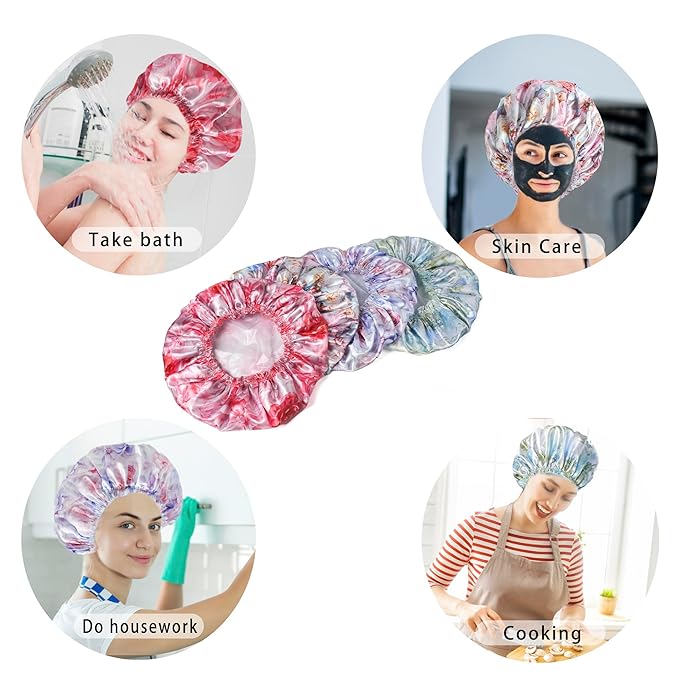 4 PCS Shower Caps for Women, Printing Bath Caps, Double Layers Shower Cap Reusable Waterproof, Bathing Shower Caps, Environmental Protection Hair Bath Hat - Flower