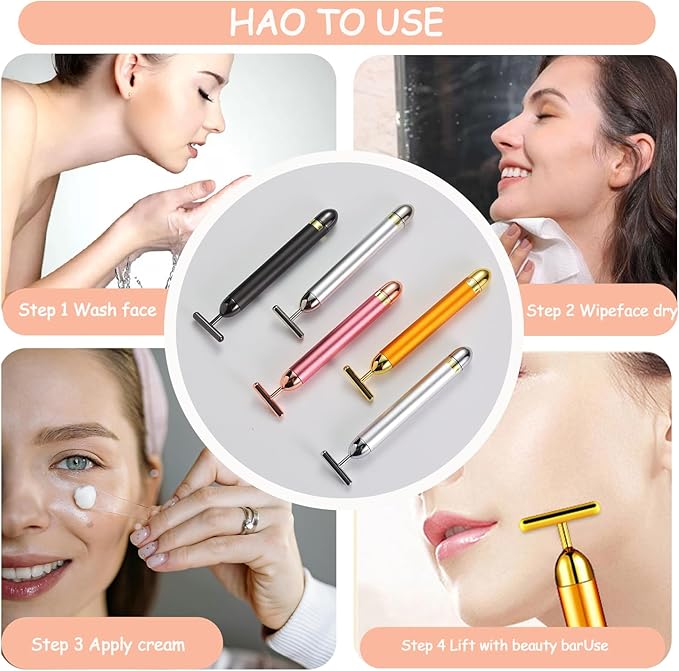 Beauty Bar 24K Gold Facial Massager - Face T Shape Tool for Skin Care Tightening with Ergonomic Design (Gold)