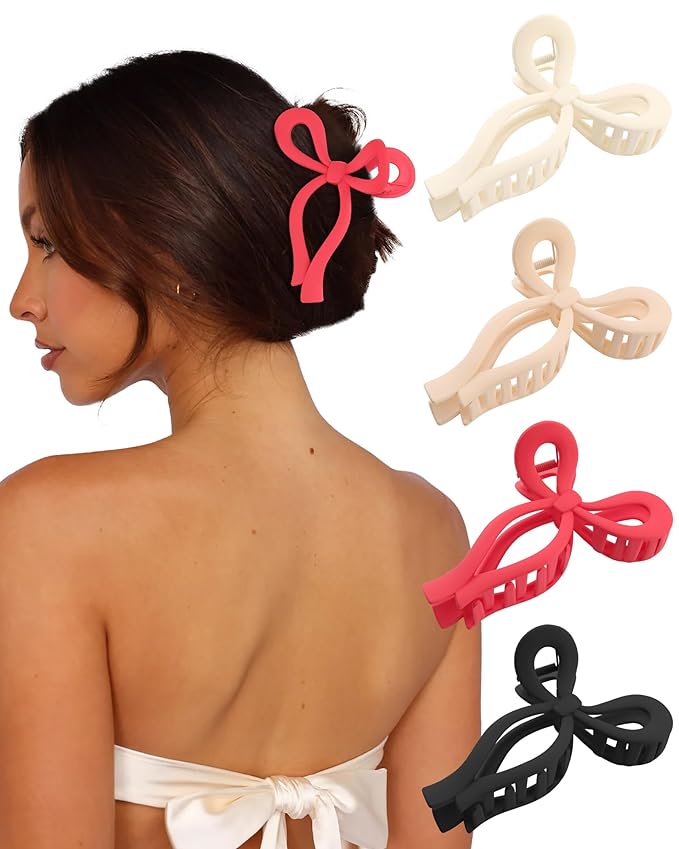 4 PCS Bow Hair Clips Bow Claw Clip for Women Nonslip Large Hair Claw Clips for Thin and Thick Hair Strong Hold Hair Bows (Purple+Rose red+Orange+Light brown)